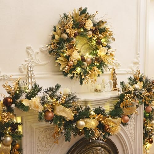 Christmas Wreaths for Front Door with Lights 24 Inch Gold Christmas Wreath - Image 4