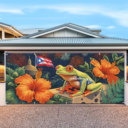 7 * 16ft Vibrant Puerto Rico Garage Door Banner, Tropical Island Style Decor Flag, Retro Castle Pattern Photo Backdrop, Cultural Pride Background for Outdoor Festival Holiday Garage Door Decoration - Image 4