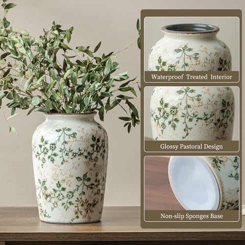 Ceramic Flower Vase for Home Decor, Green Vintage Decorative Vase 8 Inch - Image 4