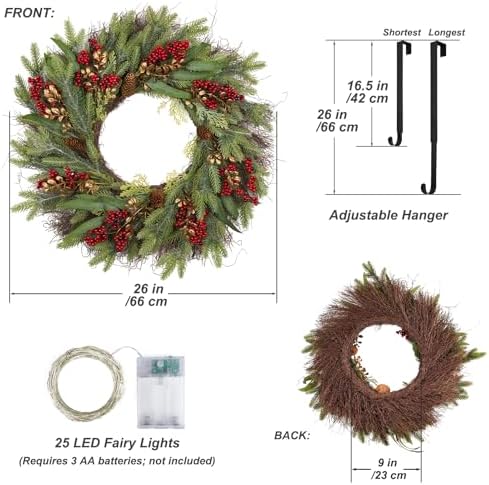 26” Christmas Wreath with Hanger Lights for Front Door Outdoor Evergreen Fir Berry Clusters Pine Cones Winter Décor Indoor Wall Decorations - Image 2