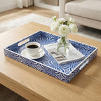 2 Pack Serving Tray with Handles, Rectangular Decorative Trays for Coffee Table, Modern Blue Plastic Ottoman Tray for Living Room, Bathroom, Kitchen, Decor, (Boho Blue) - Image 2