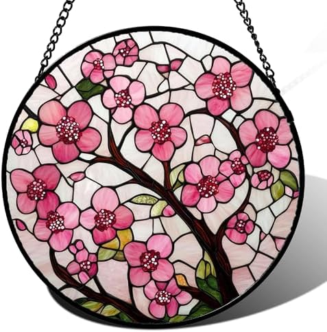 Pink Cherry Blossoms Stained Glass Window Hanging Suncatcher Gifts 12" by Follow