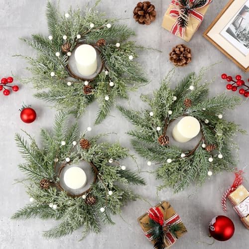 18 PCS Christmas Wreath Candle Rings Mini Wreath Pine Garland Artificial Frosted Cedar and Pine Cone Candle Rings Holder for Christmas Wedding Home Table Centerpiece Door Window Chair Wall - Image 2