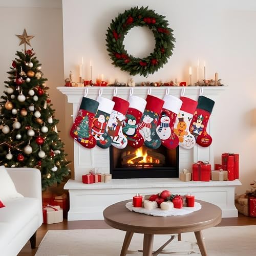 BHD BEAUTY Christmas Stocking 8 Pack White Green Red Velvet Embroidery Pattern Soft Faux Fur for Family Decorations Hanging Ornament for Xmas Holiday Party - Image 5