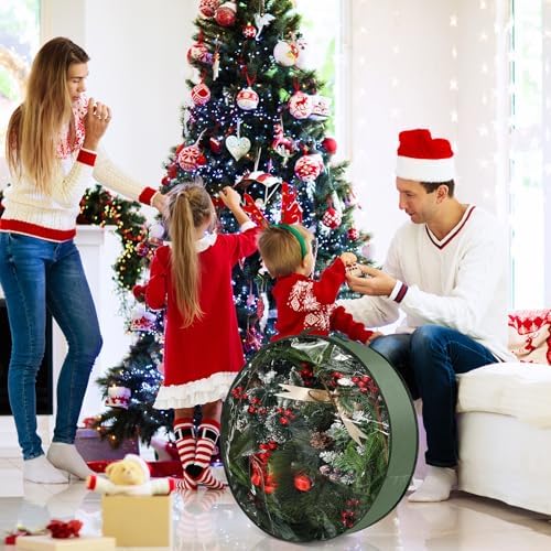 4 Pack Wreath Storage Container, 24 Inch Christmas Wreath Storage Box with Clear Window and Handles Upgrade Oxford Cloth Garland Bags with Dual Zipper for Xmas Wrapping, Green - Image 6