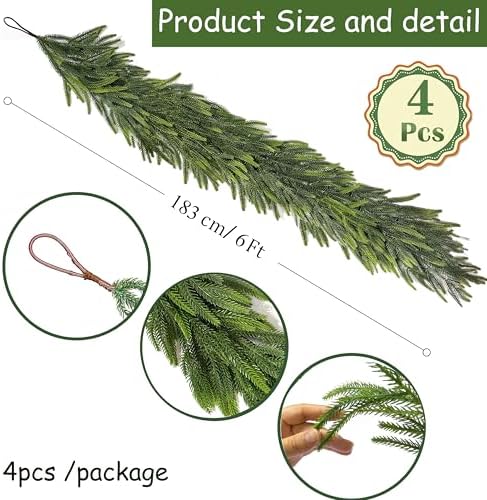 4 pcs 6 Ft Christmas Garland Real Touch Norfolk Pine Garland Christmas Decorations Faux Realistic Winter Pine Garlands for Mantle, Table, Stairs, Doorframe, Fireplace Indoor Outdoor Holiday Xmas Decor - Image 2