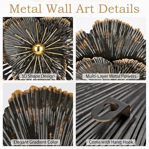 DILATATA 3 Pcs Metal Flower Wall Art Set 10 Inch Rustic Modern Floral Sculpture 3D Metal Flower Wall Hanging Accent for Indoor Living Room Bedroom Kitchen Bathroom Garden Patio Decor - Black - Image 3