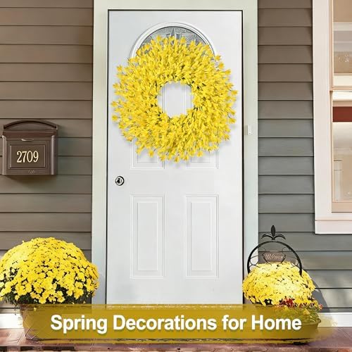 26 Inch Spring Wreaths for Front Door Large Easter Valentines Forsythia Floral Summer Spring Door Wreaths Outdoor All Season Spring Decorations for Home Porch Room Window Wall Farmhouse Decor (Yellow) - Image 4