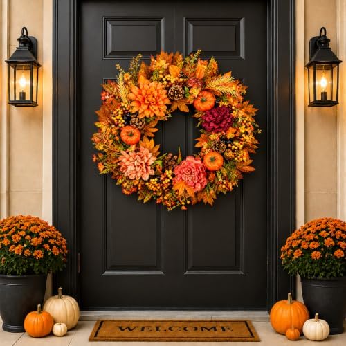 22Inch Fall Wreath for Front Door, Large Autumn Harvest Garland Decoration by Laprakor