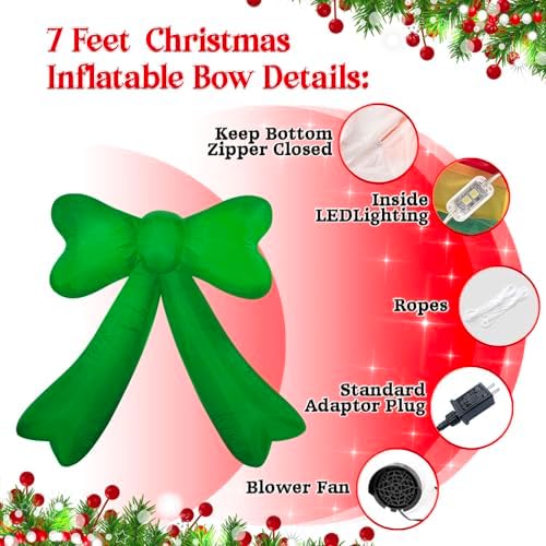 Christmas Inflatables Lighted Yard Lawn Inflatable Decoration with Built-in Fan and Stakes Ropes Holiday Party Decor, Christmas Decor (7FT-Green Bow) - Image 2