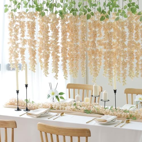 mizii 6Pcs Beige Wisteria Hanging Flowers 48" Silk Wisteria Artificial Flowers Garland Vines Fake Hanging Flowers Decoration for Wedding Flower Wall Backdrop Centerpieces Party Room Decor (Beige) - Image 3