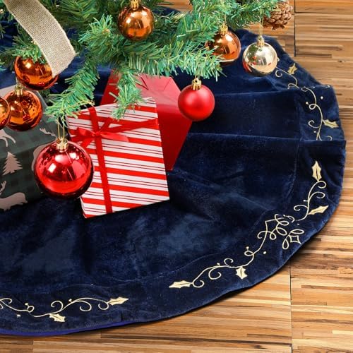 36inch Christmas Tree Skirt Navy Blue Luxury Velvet Plush Fur Skirts with Gold Embroidery Xmas Velvet Tree Skirt Holly Leaves Gold Embroidered Trees Skirts for Christmas Holiday Party Decorations by QOUBAI