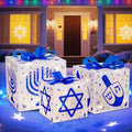 Domkom Set of 3 Hanukkah Lighted Gift Boxes,60 Led Light Up Present Box Decorations with Dreidel Menorah, White and Blue Chanukah Gift Boxes for Christmas Tree Indoor Outdoor Holiday Decor by DomKom