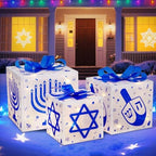 Domkom Set of 3 Hanukkah Lighted Gift Boxes,60 Led Light Up Present Box Decorations with Dreidel Menorah, White and Blue Chanukah Gift Boxes for Christmas Tree Indoor Outdoor Holiday Decor by DomKom