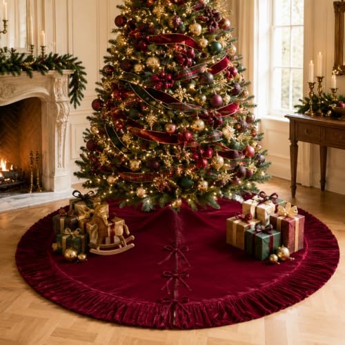 72 Inch Velvet Christmas Vintage Tree Skirt, Burgundy - Image 6