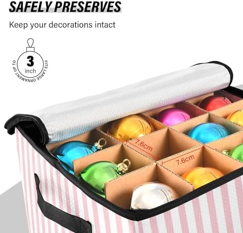 YETTASBIN Pink Stripes Large Christmas Ornament Storage Box with Zipper & Adjustable Dividers, Storage Container with Lid & Handles for 64 Holiday Ornaments 3-Inch, 13 x 13 Inch - Image 5