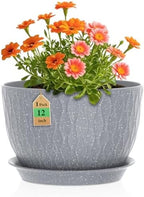 WSMKSZ 12 Inch Wide Water Ripples Flower Pots for Indoor or Outdoor Plants, Large Plant Pots with Drainage Holes & Saucer, Plastic Planters Set for Garden & Home Decor (Grey with White Speckles) by WSMKSZ