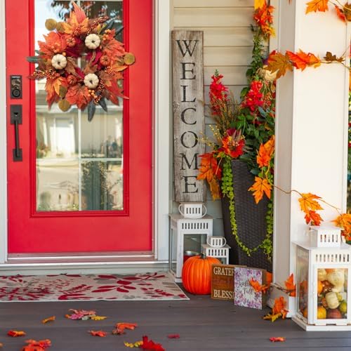 Fall Wreaths for Front Door, DECSPAS 21" Thanksgiving Fall Wreath with Maple Leaves Pumpkin Berries, Autumn Decorations for Home, Artificial Harvest Door Wreath Outside, Window, Wall, Mantel Decor - Image 5