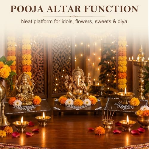 Lineshading 6 PCS Diwali Wooden Pooja Stand Chowki, Brown, Rectangle - Image 3