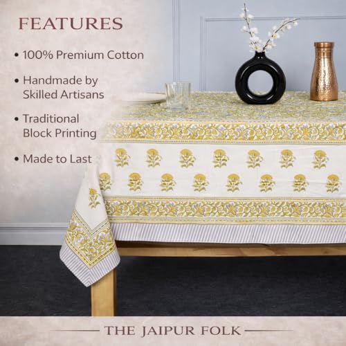 TJF Yellow Hibiscus Hand Block Print Rectangular Tablecloth 108 x 72 Inch - Image 4