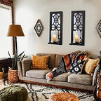 ZEXUIRU 2 Set Rustic Candle Sconces Living Room Bedroom Entryway Wood Mirrored, Farmhouse, Carved Frame Wall-Mount Wooden Candle Holders Wall Decor Hanging Handmade Holder - Black - Image 4