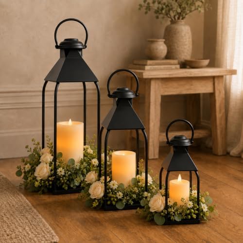 20" 15.7" 12" Lanterns Decorative Indoor Outdoor, Black Metal Set of 3 by Nacidooka