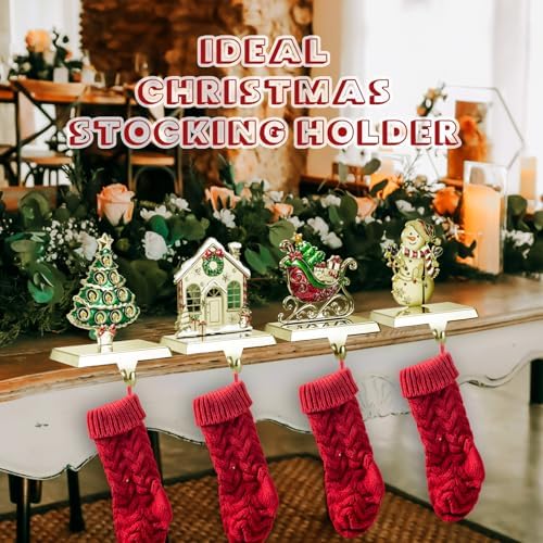 GUOER 4 Pack Christmas Stocking Holder Set for Mantle Christmas Decorations Mantle Fireplace Topper-House, Sleigh,Snowman and Christmas Tree Hangers Decorative Metal Hanger(Golden) - Image 7