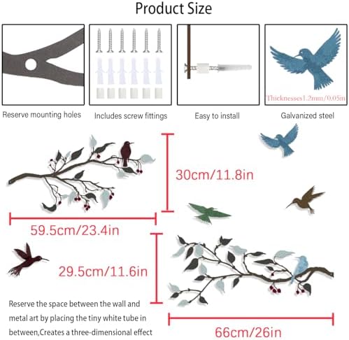 4PCS Metal Birds Wall Decor, Birds on the Branch Silhouette Art, Metal Leaves with Hummingbirds Outdoor Art Hanging Wall Sculpture for Home Office Balcony Garden Decor.（Colorful,Hummingbirds） - Image 2