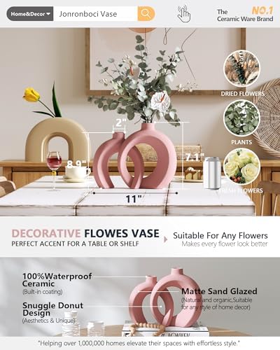 Set of 2 Pink Ceramic Vases for Home Decor Accents - Unique Hollow Donut Artistic Design Coquette Feminine Style Decorative Vases for Shelf, Mantel, Entryway Table Decor (Matte Pink) - Image 2