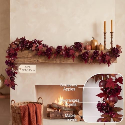 XunYee 6 ft Burgundy Fall Garland with Apples Hydrangea Maple Autumn Wreath - Image 2
