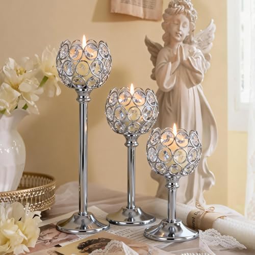 Silver Crystal Candle Holders Candlestick Holders - 4 Sets Tall Bling Bowl Candelabra Centerpieces for Dining Table, Wedding, Party & Fireplace Mantel Decor,12Pcs - Image 5