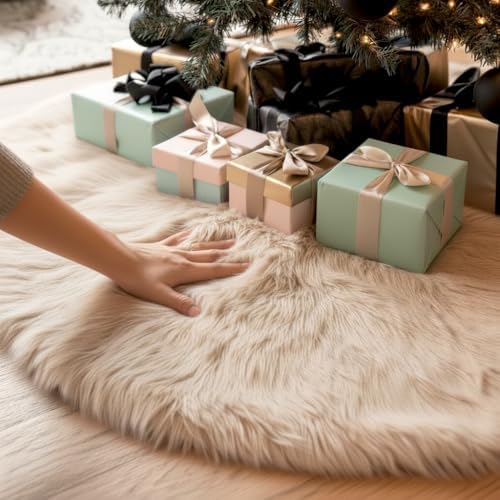AOGU 48 Inch Faux Fur Christmas Tree Skirt Beige Plush Skirt for Merry Christmas Party Christmas Tree Decoration - Image 2