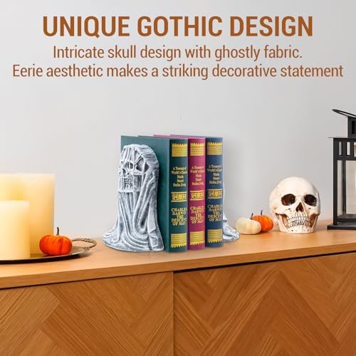 MyGift Gothic Bookends, Skull Decorative Book Ends for Heavy Books, Resin Horror Themed Death Skull Statue Book Holder for Shelves, Office, Halloween Decor - Image 6