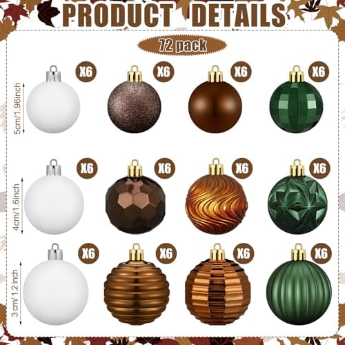 Lunmon 72 Pcs Neutral Christmas Ornaments Set Coffee Brown Green White - Image 3