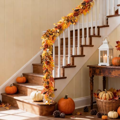 Glitzhome Fall Garland for Mantle, 6ft Velvet Pumpkin Garland with Pinecones Berries and Leaves, Fall Leaf Decor for Fireplace Shelf Home Display by Glitzhome