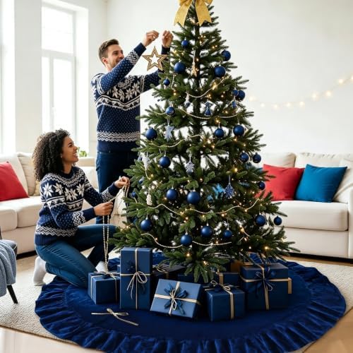 60 Inches Velvet Christmas Tree Skirt Decorations Blue Luxury Xmas Fur Plush Skirts for Merry Christmas Party Rustic Vintage Holiday Home Winter - Image 7
