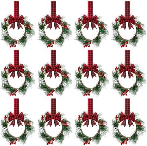 Crowye 12 Pcs Small Mini Christmas Cabinets Wreaths for Kitchen with Ribbon 10'' Hanging Artificial Green Leaves Decor Berry for Window Front Door Kitchen Wall Decor (Red and Black) by Crowye