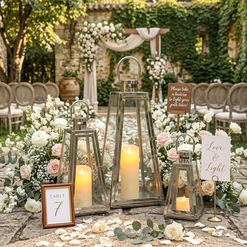 TRIROCKS Set of 3 Stainless Steel Candle Lantern 21''&16''&11'' High Metal Candle Holder with Tempered Glass Panels for Christmas Home Decor Living Room Parties Events Indoors Outdoors (Silver - Image 2