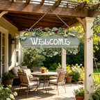 24.4"L Vintage Metal & Wood Hanging Welcome Sign, Rustic Farmhouse Distressed Wall Decor with Flower & Butterfly, Outdoor Decoration for Garden Porch Patio Yard - Image 2