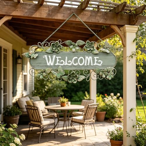 24.4"L Vintage Metal & Wood Hanging Welcome Sign, Rustic Farmhouse Distressed Wall Decor with Flower & Butterfly, Outdoor Decoration for Garden Porch Patio Yard - Image 2