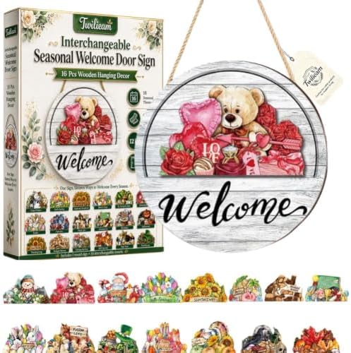 Interchangeable Seasonal Welcome Door Sign for Front 16 Pcs Wooden Hanging by Unknown