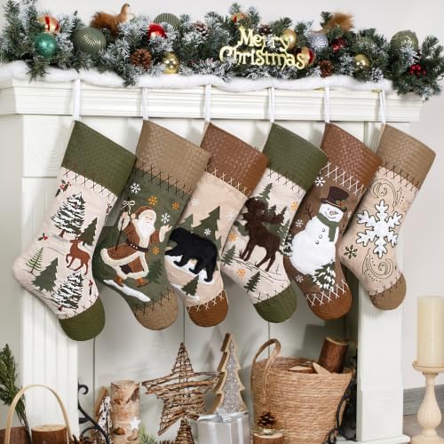 LUBOT 6 Pack Christmas Stockings Set of 6 Large Family Xmas Stocking Embroidered 20" Leather Boho Rustic Country Vintage Woven Fireplace Hanging Holiday Decor by LUBOT