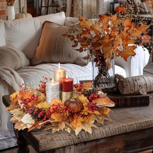 22" Artificial Fall Wreath for Front Door Autumn Harvest Wreath with Pumpkin Oak Maple Leaf Pine Cones Eucalyptus Berry for Halloween Thanksgiving Day Indoor Outdoor Farmhouse Window Wall Décor - Image 5