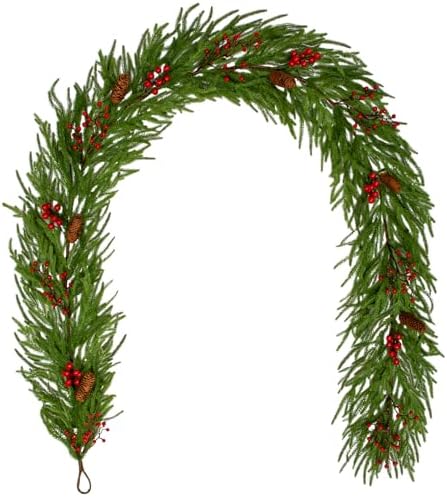 Hollyone 9FT Norfolk Pine Garland Real Touch Winter Pine Garland with Red Berry Christmas Garlands Artificial Greenery for Table Mantle Wall Indoor Outdoor Mantle Holiday Christmas Home Decor by Hollyone