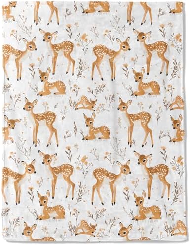 Cute Deer Fleece Blanket - Lightweight Soft Cozy Gifts Throw for Nature Lovers,Kids,Girls,Women,Sweet Animal & Floral White Blankets,Home Room Modern Art Decor 60x80in by AINORI