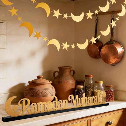 22 Inch Ramadan Mubarak Table Decor Wooden Ramadan Mubarak Sign Islamic Tabletop Centerpiece Eid Mubarak Decoration for Home Indoor Ramadan Party Desktop Display - Image 4