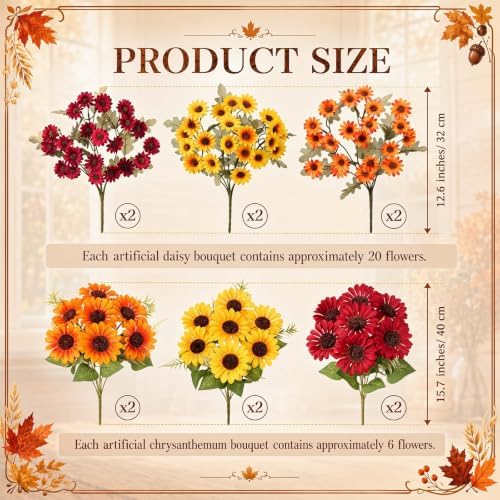 Yinder 12 Bundles Fall Artificial Flowers Bouquet 6 Silk Sunflowers and 6 Faux Chamomile Flowers Orange Yellow Burgundy Autumn Floral Arrangement for Vase Thanksgiving Table Centerpieces Home Decor - Image 2