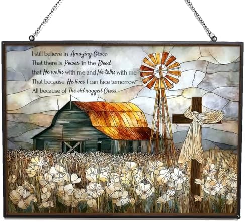 Rectangle Christian Grace Barn Cross Stained Glass Suncatcher by HYPESTYLE
