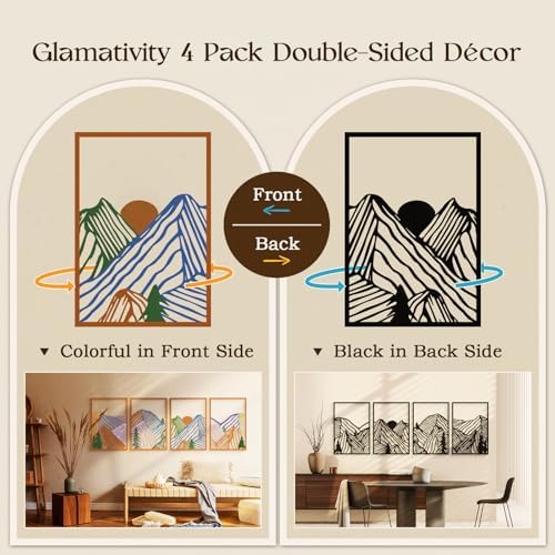 Glamativity 4 Pcs Colorful And Black Double-Sided Abstract Mountain Metal Wall Art , Mountain Line Art Décor, 3D Textured Minimalist Wall Decor, Rustic Nature Wall Décor for Living Room Bedroom Study (Mountain, M Size 17 x 12'') - Image 2