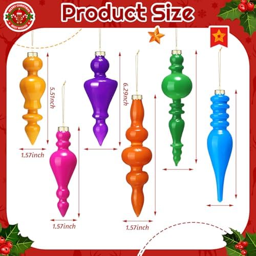 Soaoo 6 Pcs 6.3 in Neon Colors Mercury Glass Finial Christmas Ornaments - Image 2